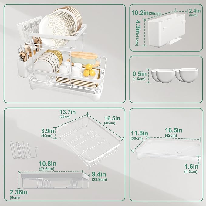 HOMEAILIE Dish Drying Rack, Two-Tier Dish Drying Rack with Utensil Holder and Cutlery Tray – Auto-Draining Large Capacity Dish Drainer with Drainboard for Kitchen Counter, White