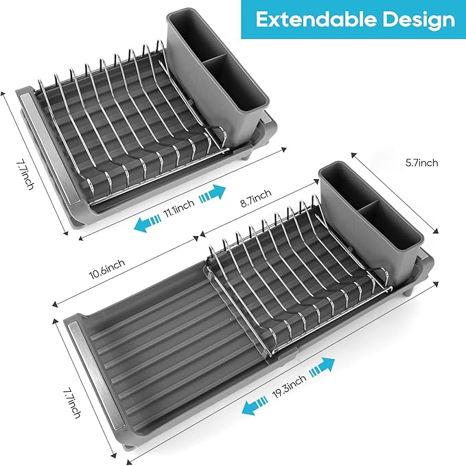 Small Expandable Dish Drying Rack – Compact & Space-Saving – No Spout, No Leaks – Durable, Rust Resistant & Easy to Clean – Ideal for Kitchens, Apartments & RVs – Extend 10.9 to 18.6 inches (Gray)