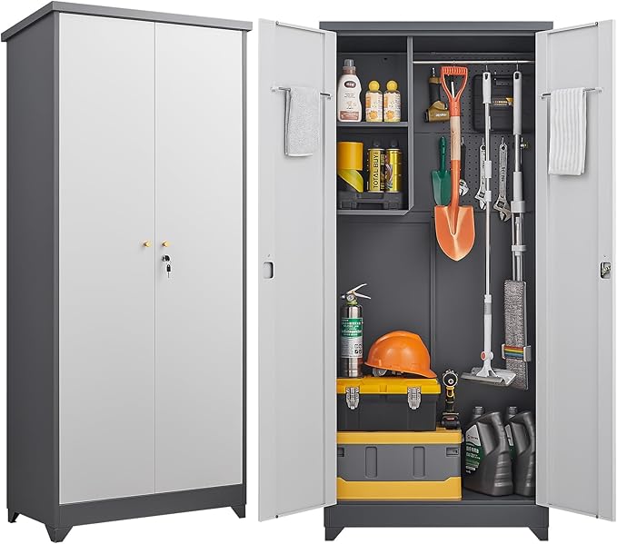 73''H Outdoor Metal Storage Cabinet, Garage Storage Cabinets with Shelves & Locking Doors, Broom Cabinets for Cleaning Supplies, Waterproof Storage Shed for Garden, Porch（15.4" D x 31.5" W ）