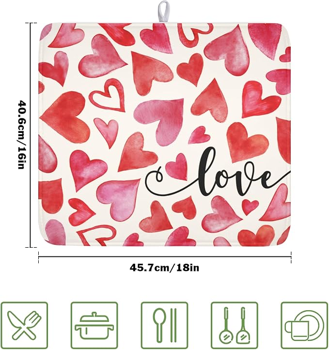 ABSOP Valentine's Day Dish Drying Mat 16 x 18 Inch Heart Shaped Dish Drying Pad Absorbent Microfiber Mats for Red and Pink Dish Rack Pad for Kitchen Counter Coffee Bar Decor