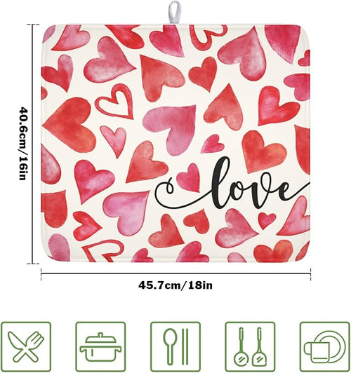 ABSOP Valentine's Day Dish Drying Mat 16 x 18 Inch Heart Shaped Dish Drying Pad Absorbent Microfiber Mats for Red and Pink Dish Rack Pad for Kitchen Counter Coffee Bar Decor