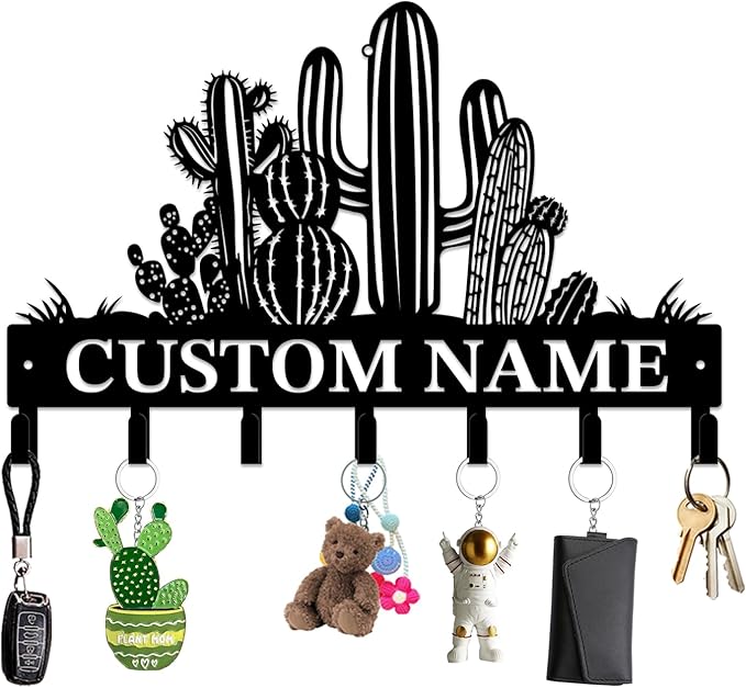 Personalized Custom Name Cactus Wall Keys Hooks,Metal Cactus Art Clothes Hooks,Metal Cactus Lover Wall Home Storage Decorative,For Front Door, Hallway, Kitchen, Bedroom,Keys,Hats (Style B)