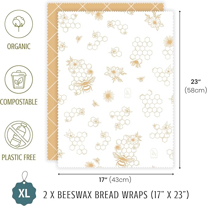 Beeswax Bread Wraps – Reusable, Eco-Friendly, Organic Cotton Wraps for Food, Sourdough, Artisan Bread, Sandwiches, Baked Goods– Plastic-Free, Biodegradable, Zero Waste, Sustainable Kitchen Storage