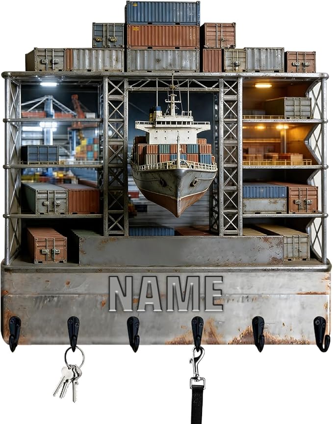 Personalized Wooden 2D Flat Print Container Ship Themed Wall Hooks for Living Room Hallway Office Custom Name Container Crane Coat Rack Port Transportation Key Storage Holder for Women Men Friends