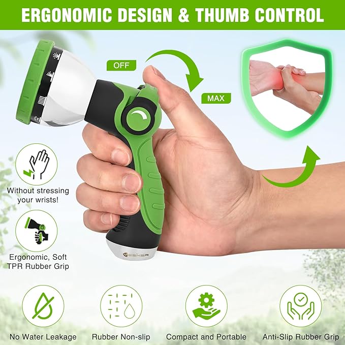 Yesker Garden Hose Nozzle Water Hose Sprayer Nozzle Adjustable 10 Spray Patterns Heavy Duty Metal Nozzles Thumb Control w Non-Slip Grip for Outdoor Watering Plants Lawn Washing Car Pets, Black & Green