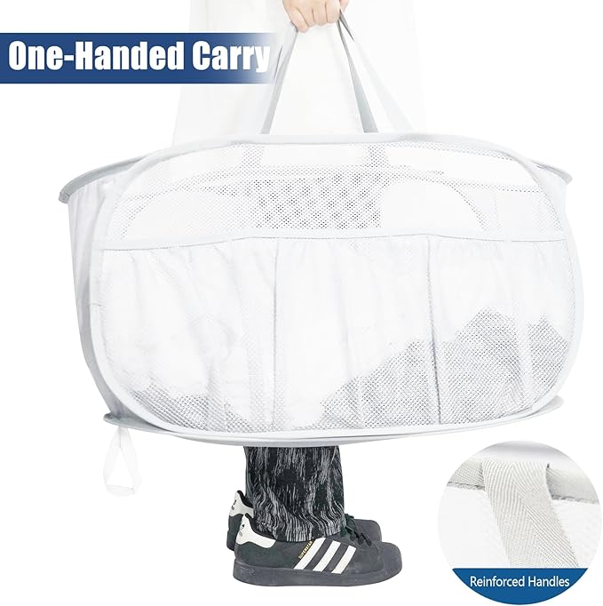 2 Pack Collapsible Laundry Baskets, Upgrade Pop Up Laundry Hamper with Convenient Bags, Foldable Laundry Basket Mesh Light Weight, Easy to Carry Clothes Hampers for Laundry, Dorm, Toys, Travel White