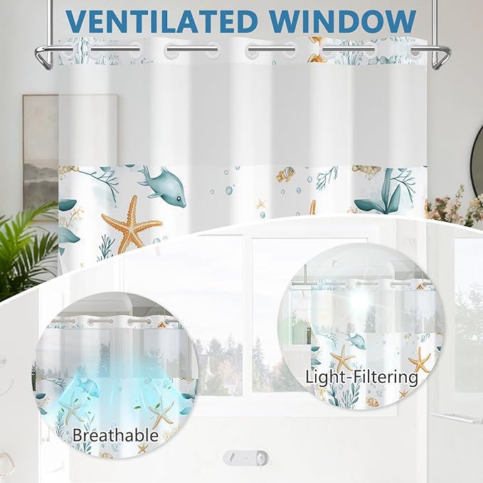 Hook-Free Ocean Shower Curtain with Translucent Top Window, Shower Curtain with Snap in Liner and Weighed Hem, Waterproof Bathroom Shower Curtains, Ocean Themed Bathroom Decor, 71x74 Inch