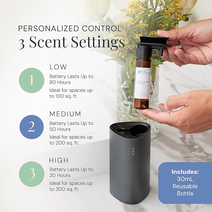 Air Esscentials The Mini Essential Oil Diffuser for Home, Waterless & Smart Portable Diffuser for Essential Oils, USB-C & Rechargeable with Adjustable Settings, Covers 300 Sq. Ft., Black
