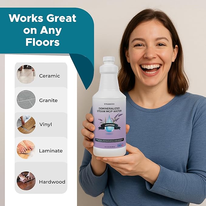 Steam & Go Demineralized Water Cleaning Solution for Floor & Multi-Surface Steam Cleaners - Compatible for All Steam Mops - Lavender Scent, 32 oz