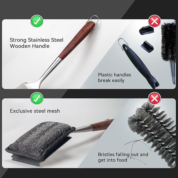 XUDAKAIXIN Bristle-Free Steam Cleaning Grill Brush,with Extended Luxurious Rosewood Handle and 1 Replacement Head,BBQ Grill Cleaning Brush Kit,Safe Grill Cleaner for Outdoor Grill,Gifts for Men/Dad