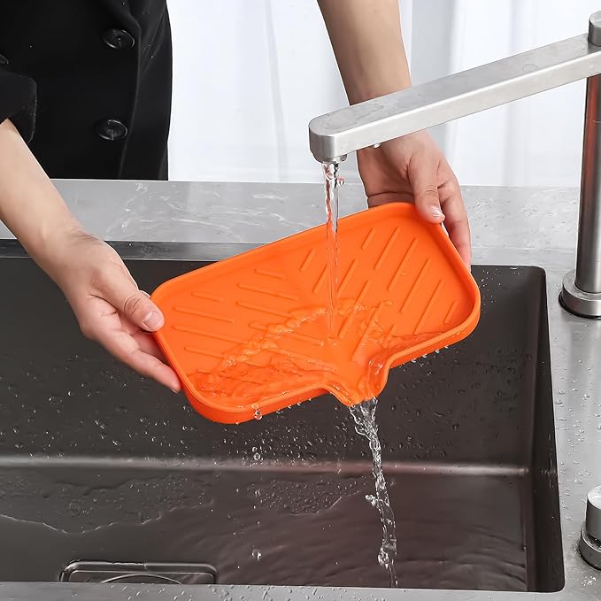 MicoYang Silicone Bathroom Soap Dishes with Drain Spout-Bathroom and Kitchen Sink Organizer,Sponge Holder,Dish Soap Tray,Perfect for Dispenser,Scrubber,Bottle,Cup on Sink or Counter-Orange 9.6"×5.3"
