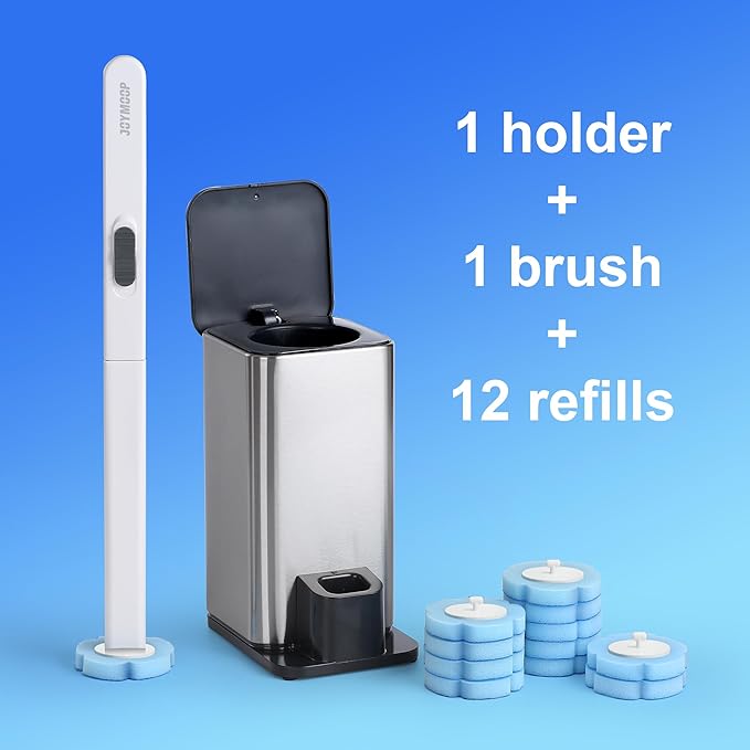 JOYMOOP White Flat Mop & Bucket with 1 Microfiber Pad, 12 Disposable Toilet Brushes, Stainless Steel Toilet Brush and Holder Set, Multi-Functional Cleaner for Floors, Windows, and Toilets