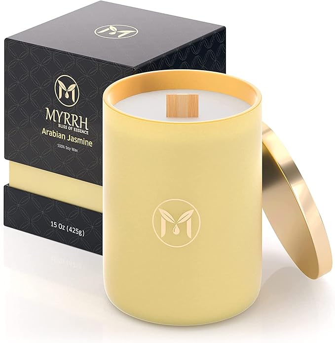 MyrrhUSA Arabian Jasmine Scented Candle – 15oz Natural Soy Wax with Crackling Wooden Wick & Essential Oil | 80 Hour Burn | Luxury Aromatherapy Candle for Relaxation, Home Décor, Living Room & Bathroom