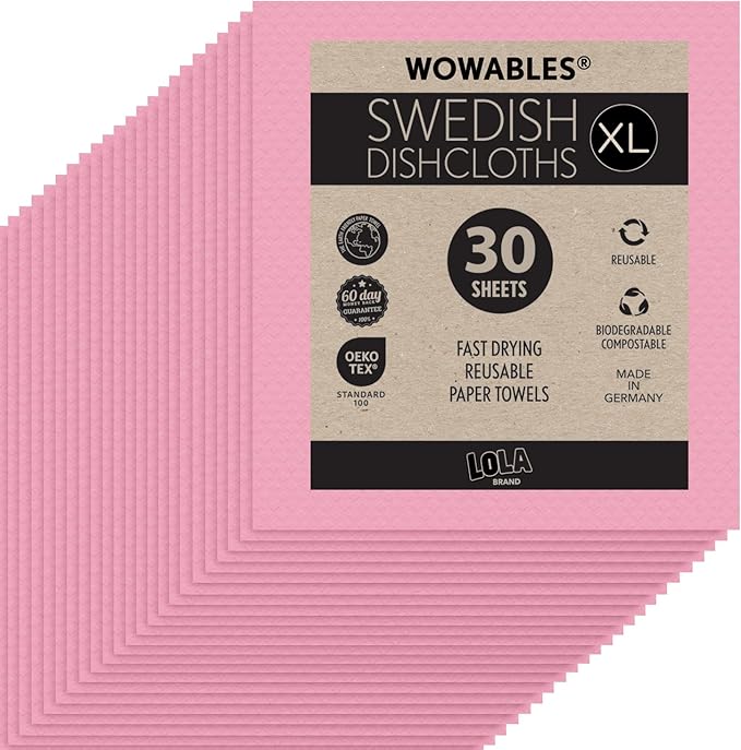 LOLA Swedish Dishcloths for Kitchen XL, 30 Sheet Roll, Biodegradable & Compostable, Reusable Paper Towel Cleaning Cloths, 11" x 10", No Odor, Washing Dishes, Ultra Absorbent Cellulose Sponge Towel