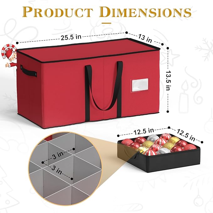 Christmas Ornament Storage Box With 8 Trays - Stores Up to 128 Holiday Ornaments, Christmas Storage Container with Side Pocket, Adjustable Dividers, Card Slot, Tear-Proof Fabric - Red
