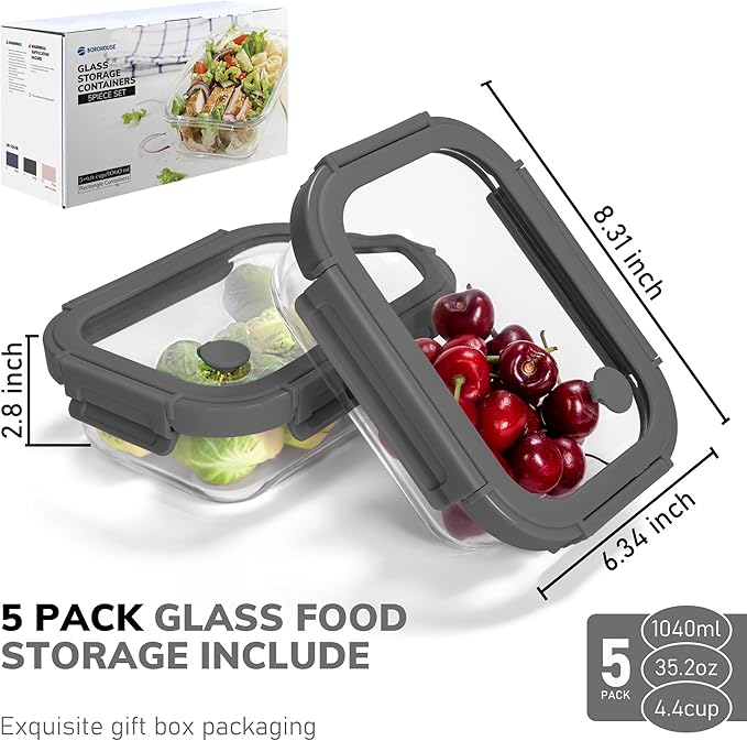 BOROHOUSE 5-Pack Borosilicate Glass Containers with Tempered Lids, 35.2oz/4.4 Cup Airtight Meal Prep Set, Microwave/Freezer Safe (Gray)