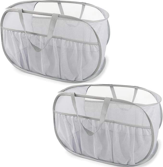 2 Pack Collapsible Laundry Baskets, Upgrade Pop Up Laundry Hamper with Convenient Bags, Foldable Laundry Basket Mesh Light Weight, Easy to Carry Clothes Hampers for Laundry, Dorm, Toys, Travel Grey