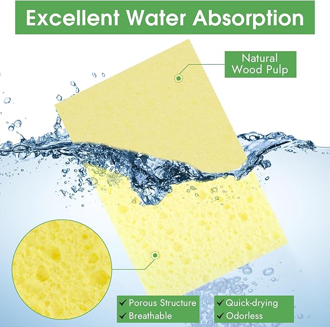 MOWPOG 12 PCS Dish Sponges Kitchen, Non Scratch Cleaning Sponge for Non Stick Cookware, Natural Compressed Cellulose Wash Scrub for Household Bathroom, Soft Washing Scrubbers (Yellow)