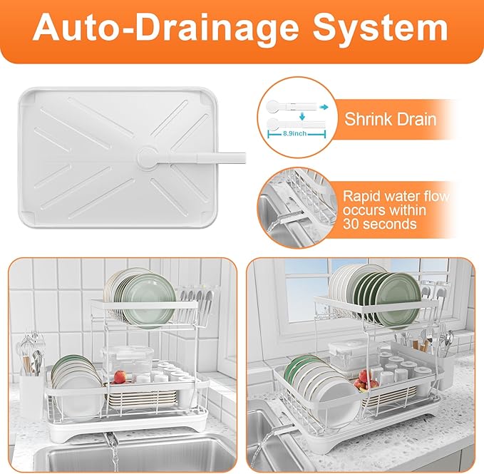 HOMEBOSILY Dish Drying Rack - Auto Draining Dish Rack for Kitchen Counter, Large Capacity Dish Drainers Organizer with Drainboard, 2-Tier Drying Rack with Utensil Holder White
