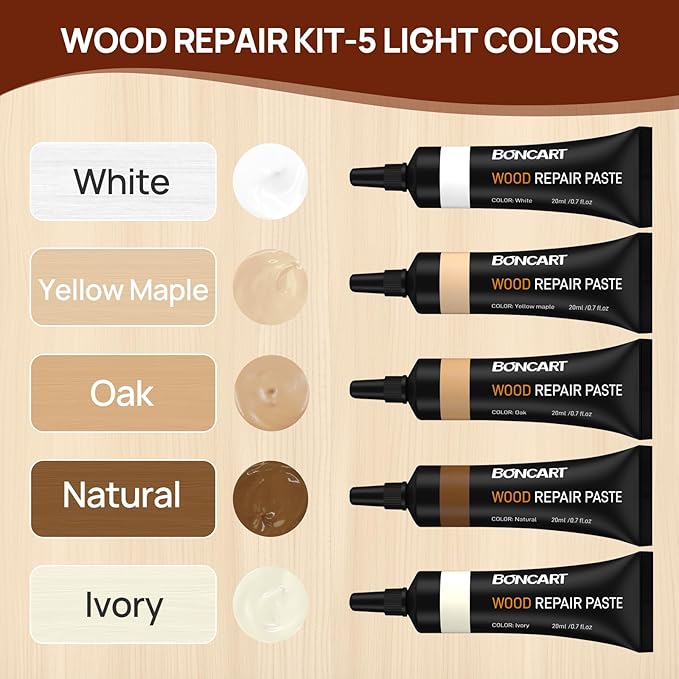 Boncart Wood Furniture Repair Kit, Wood Touch up Fillers, Repair Scratches, Cracks, Paint Chips, and Nail Holes on Furniture, Floors, Doors, Cabinets, and Tables (5 Light Colors)