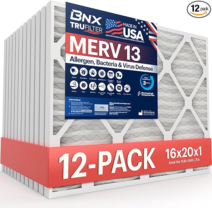 BNX TruFilter 16x20x1 MERV 13 (12-Pack) AC Furnace Air Filter - MADE IN USA - Electrostatic Pleated Air Conditioner HVAC AC Furnace Filters - Removes Pollen, Mold, Bacteria, Smoke