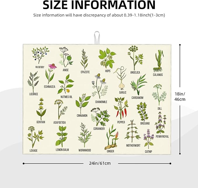 Cute Herbs Botanic Garden Plants Dish Drying Mat for Kitchen Counter Modern Drying Pad 18x24 Inch Absorbent Reversible Dish Drainer Rack Mats