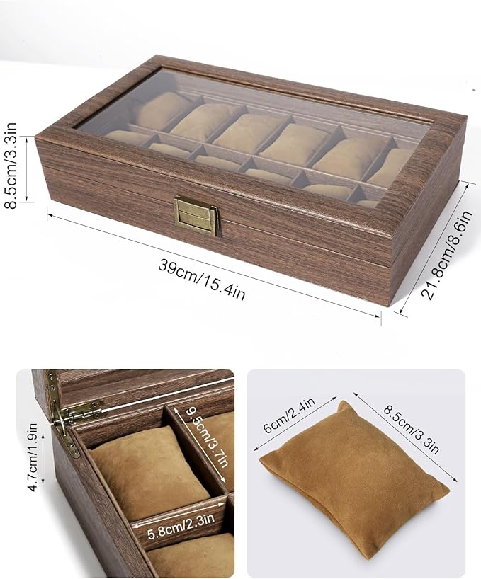 Uten Watch Box 12 Slots, Watch Case Organizer with Real Glass Lid, Wood Grain PU Leather Watch Display Storage Box with Removable Imitation Suede Watch Pillows, Metal Clasp