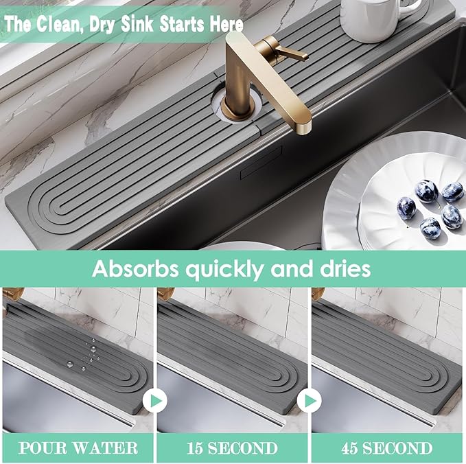 2-In-1 Stone Dish Drying Mat Set For Kitchen Counter. New Collapsiable Diatomaceous Earth Stone Drying Mat Set Includes 1-Stone Dish Drying Mat 23.6"(L)x15.3"(W) & 1-Stone Faucet Mat 23.6"(L)x4(W)