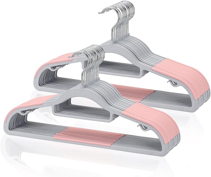 Pack of 30 Coat Hangers, Space-Saving Plastic Clothes Hangers, Non-Slip, 0.2 Inches Slim, 360° Swivel Silver Hook for Shirts, Pants, Suit & Wet/Dry Garments, Pink and Dark Gray