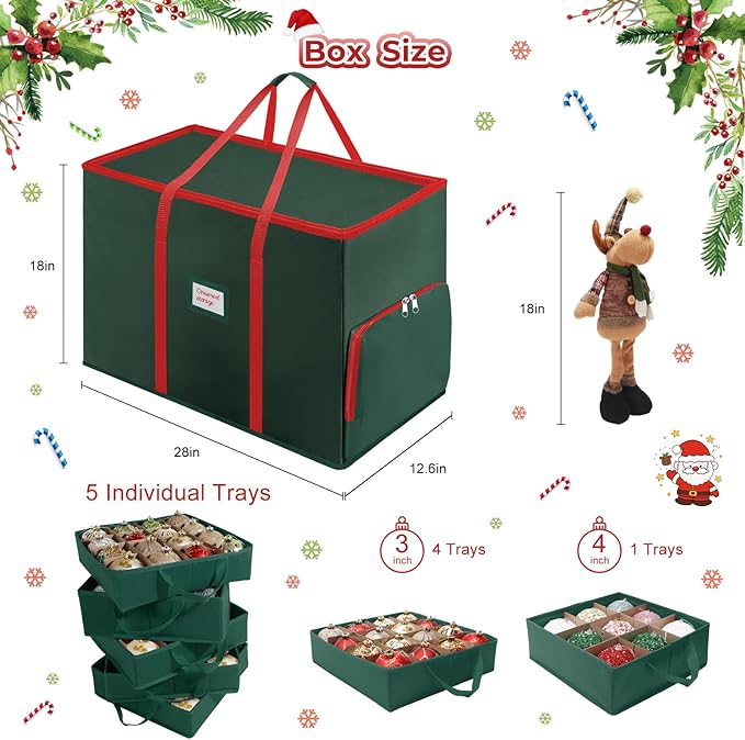 Premium 2-in-1 Large Christmas Ornament Storage Box & Xmas Figurine Container, Nutcracker Storage with Adjustable Dividers,5 Separate Trays Keep 73 Holiday Ornaments, 600D Tear-Proof Oxford, Foldable