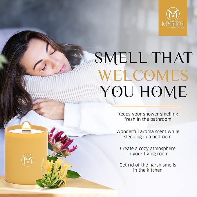MyrrhUSA Honeysuckle Scented Candle – 15 oz Natural Soy Wax with Crackling Wooden Wick & Essential Oils | 80 Hour Burn | Luxury Aromatherapy Candle for Relaxation, Home Décor, Living Room & Bathroom