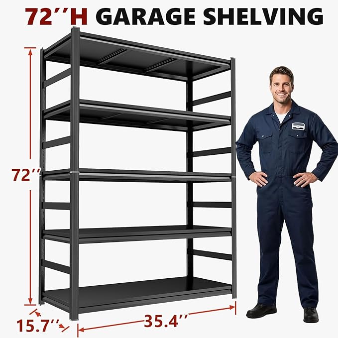 Notmise Garage Shelving, Heavy Duty Metal Shelves Unit, 5-Tier Adjustable Storage Shelf, Industrial Shelving Unit, 3000Lbs, for Garage, Warehouse, and Basement with Fence (72" H x 15.7" D x 35.4" W)
