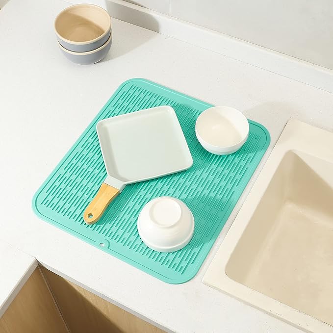 MicoYang Silicone Dish Drying Mat for Multiple Usage,Easy clean,Eco-friendly,Heat-resistant Silicone Mat for Kitchen Counter or Sink,Refrigerator or Drawer Liner Mint 2XL 24 inches x 18 inches