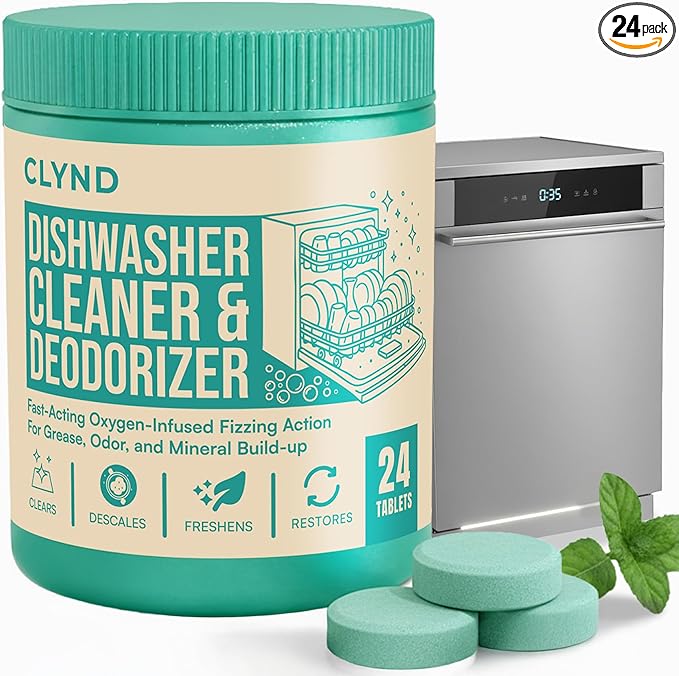 CLYND Dishwasher Cleaner and Deodorizer Tablets - 24 Pack Deep Clean Dishwasher Cleaning Tablets, Heavy Duty Streak-free Shine Dish Washer Cleaner, Natural Descaler and Odor Eliminator 12 Month Supply