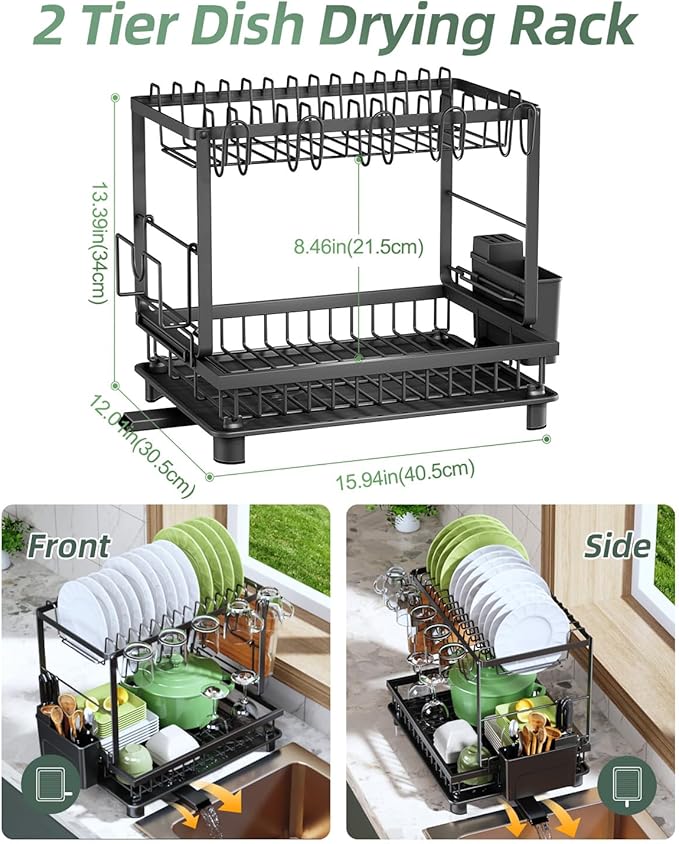 Nfnoyp Dish Drying Rack, 2 Tier Space-Saving Dish Rack, Multifunctional Dish Drainer for Kitchen Counter with Drainboard/Utensil/Cup Holder Rustproof Carbon Steel, Black