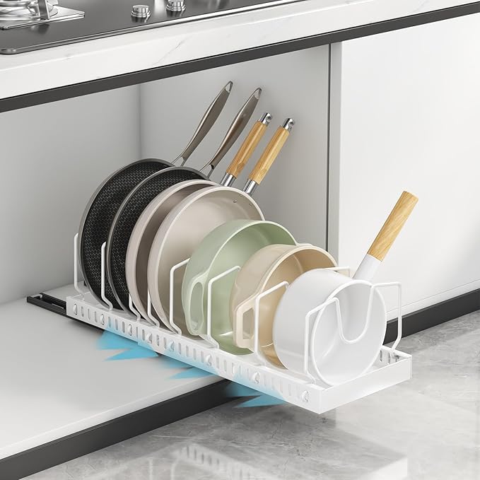 WOSHEN Pots and Pans Organizer Under Cabinet, Pull-out Pots and Pans Organizer, Under Cabinet Pot Lid Holder, Sliding type Pots and Pans Storage with 8 Adjustable Dividers for Kitchen