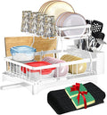 DINEST 2 Tier Dish Drying Rack with Drainboard – Rust Resistant Iron Kitchen Dish Rack with 270° Rotating Spout, Utensil & Plate Holders – Compact Drying Rack for Kitchen Counter - White