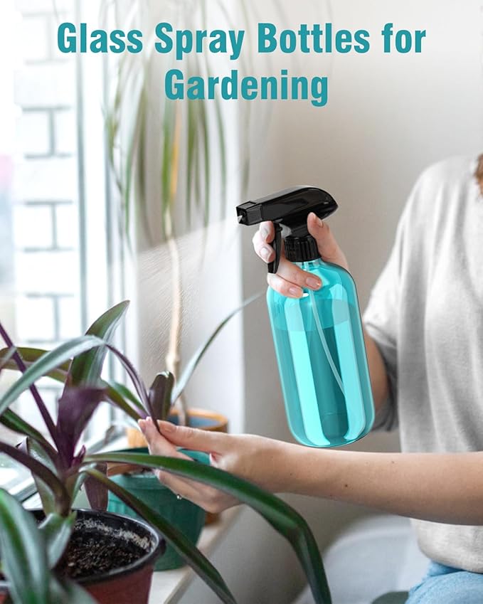 Bontip Glass Spray Bottle, Light Blue Glass Spray Bottle Set & Accessories Refillable for Plants Window Cleaners Aromatherapy Facial hydration Watering Flowers Hair Care (2 Pack/16oz) (Light Blue)