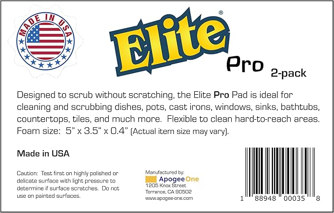Elite PRO All Purpose Cleaning Pad, 2 Pack, Non Scratch, Dish Sponge, Scrubber, Made in USA. Large Thin Sponge for Kitchen and Household Use. Flexible to Clean Corners and Tight Spaces.