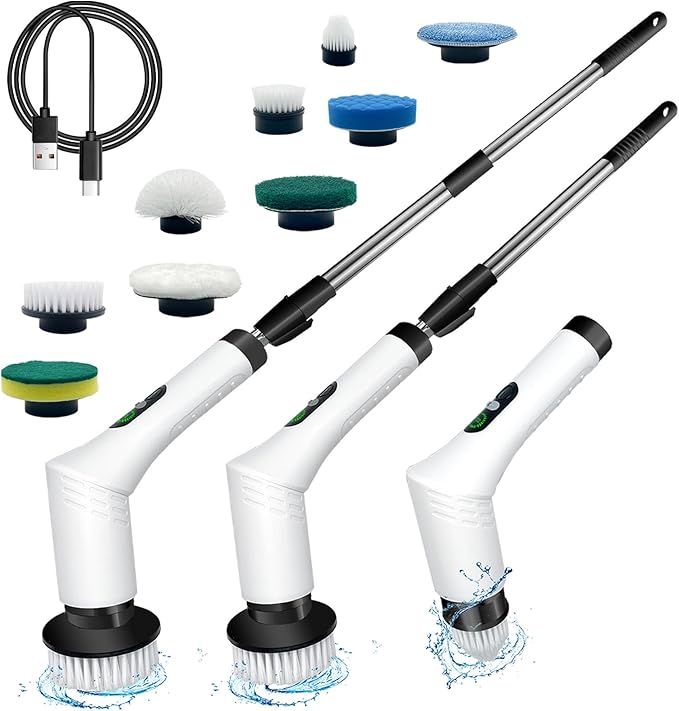 Spin Scrubber,9-In-1Multifunctional Cleaning Brush with Detachable Handle,9 Replaceable Brush Heads&LCD Display,Rechargeable Electric Spin Scrubber for Bedroom,Bathroom,Kitchen,Car