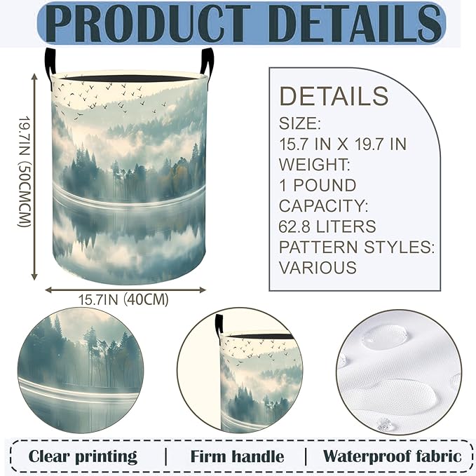 Nature Landscape Laundry Basket Hamper 19.7"x15.8", Forest Foldable Waterproof Oxford Clothes Storage Bucket for Room Bathroom Bedroom Nursery Decor, Toy Organizer Bins Gifts for Kids Boys Girls
