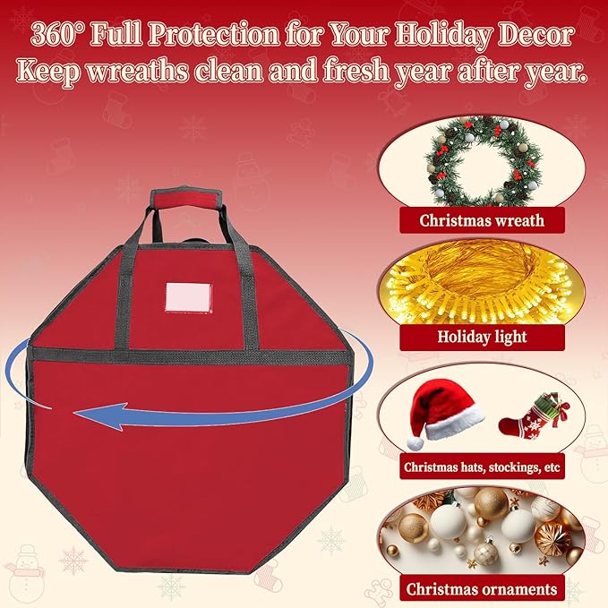 Christmas Wreath Storage Container, 24 Inch Tear-Resistant Dustproof Wreath Bag with Interior Pockets & Dual Handles and Zipper for Garland Ornament Holiday Decor Organizer