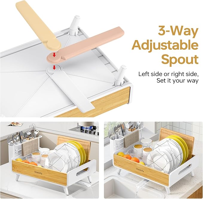 Urackify Dish Drying Rack for Kitchen Counter – Stainless Steel & Bamboo Dish Rack, Drying Rack Kitchen with Large Removable Utensil Holder, Dish Drainer with Auto-Drain Drainboard, White