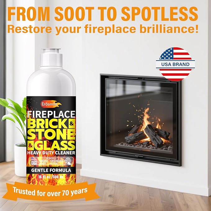 Fireplace Cleaning Set Fireplace Soot Remover with Scrub Brush for Brick, Stone, Rock, Tile, and Marble – Nonabrasive Brick Cleaner, Gentle Formula for Bricks & Glass Indoor and Outdoor -16 oz