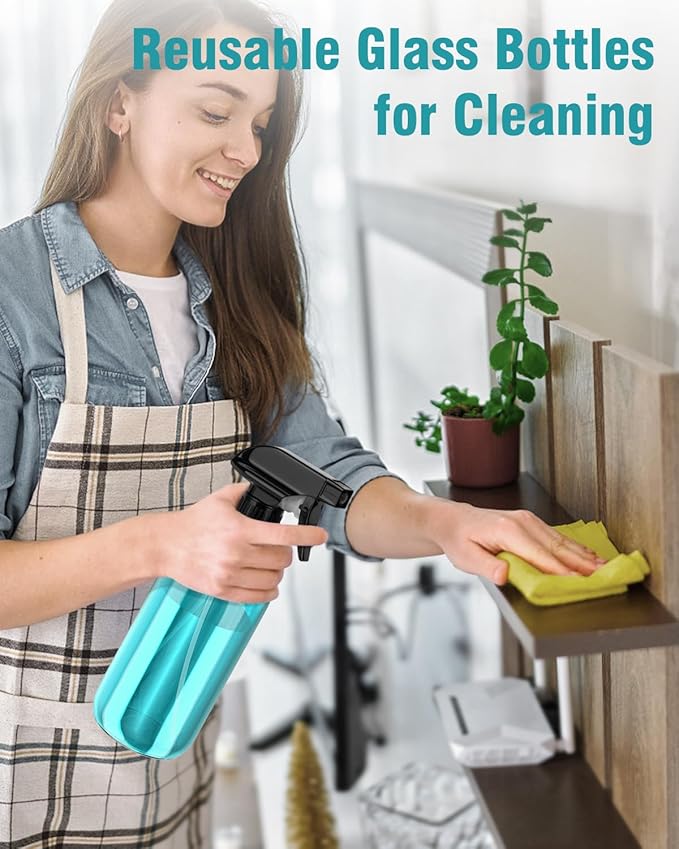 Bontip Glass Spray Bottle, Light Blue Glass Spray Bottle Set & Accessories Refillable for Plants Window Cleaners Aromatherapy Facial hydration Watering Flowers Hair Care (2 Pack/16oz) (Light Blue)