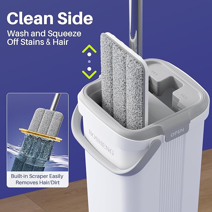 BOSHENG Mop and Bucket Set, Flat Mops for Floor Cleaning, Wall Mop with 60" Extensible Handle, Hardwood Floor Mop with 6 Microfiber Pads