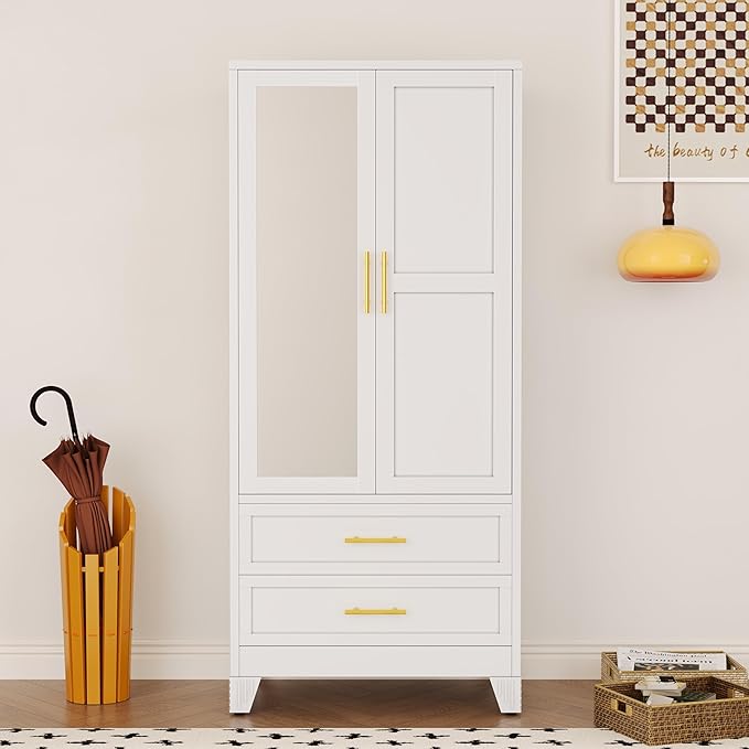 Metal Armoire Wardrobe Closet, 71 "Metal Clothing Storage Cabinet with Mirror and Adjustable Shelves, Household Steel Wardrobe Storage Cabinet with 2 Drawers and Hanging Rod(Armoire-White)