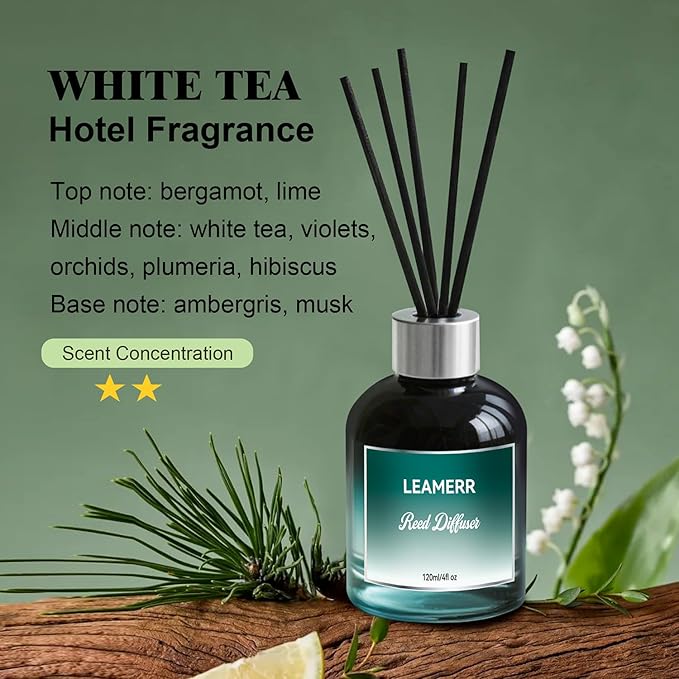White Tea Reed Diffusers for Home, 4 oz (120mL) Aromatherapy for Relaxation & Air Freshener. Perfect for Home, Bathroom, Office & Room Decor, Calming Botanical Scent