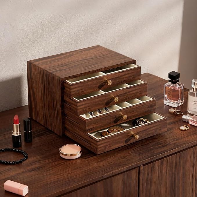 GENUINED Black Walnut Wooden Jewelry Box, Gifts for Women, Large High End Wood Jewelry Organizer, Vintage Style for Watch Necklace Ring Earring Storage(4 Layer)