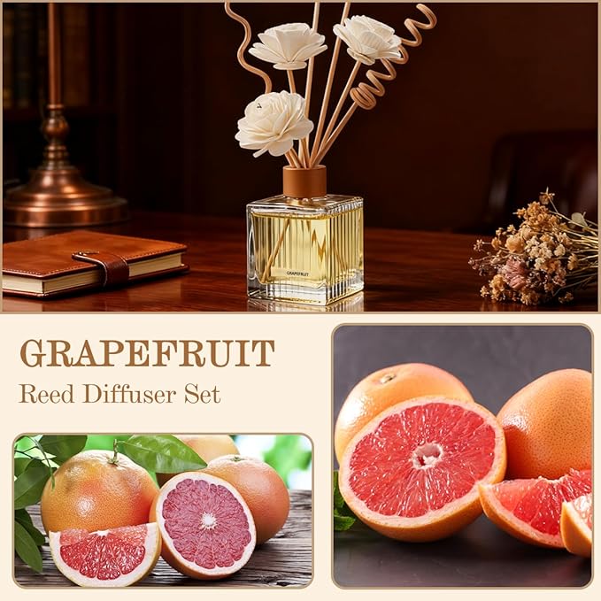 Grapefruit Reed Diffuser Set - 6.7 oz Glass Bottle with 4 Rattan Sticks, 3 Dried Flowers | Adjustable, Long-Lasting Scent for Home, Bedroom, Living Room, Office, Bathroom | Aromatherapy Gift Set